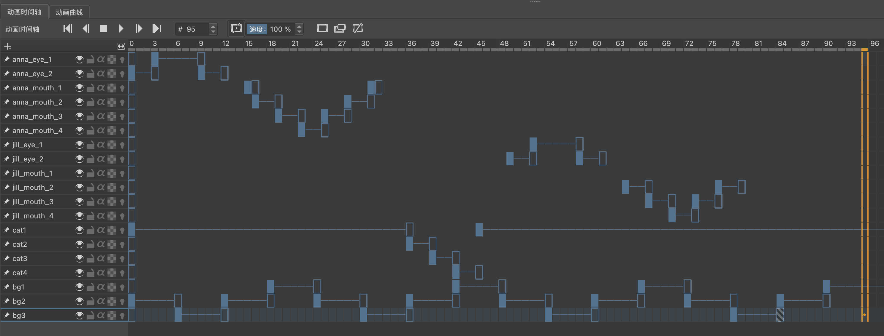 Krita 中空心方块代表空白关键帧，实心方块代表重复关键帧，帧计数从 0 开始